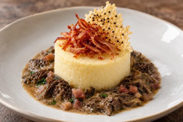 Antipasti, Soufflé dì patate dolci di Nocellara, con cuore dì crema di capra, con ragù di spugnole e speck croccante