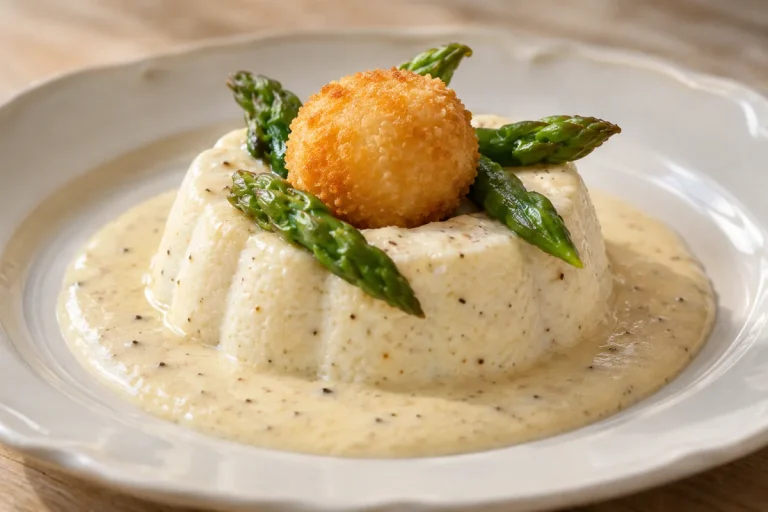 Antipasto, Ciambellina di ricotta di pecora con punte d'asparac e maionese al tartufo, palio! teline fritte dì parmigiano TM31