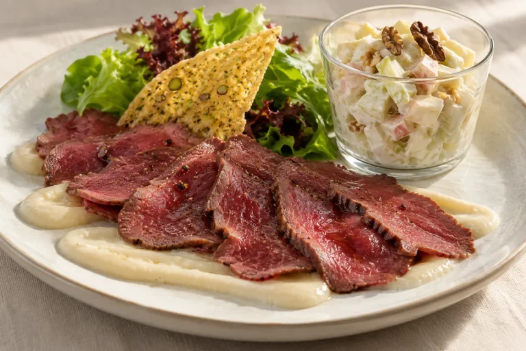 Antipasto o Secondo, Carpaccio di cervo con crema di topinambur, insalata Waldorff e noci nere