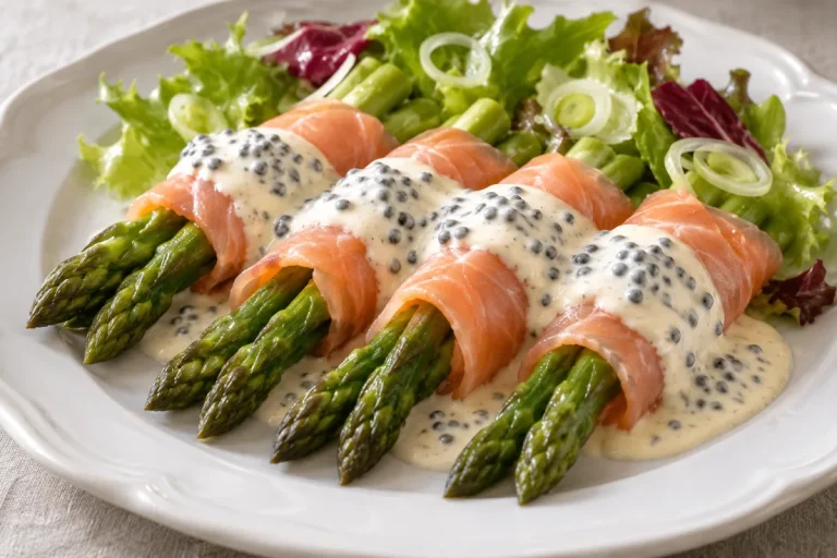 Involtini di Asparagi e Salmone in Salsa al Caviale