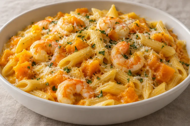 Mezze Penne con Zucca e Gamberi