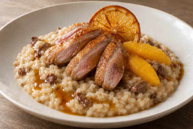 Primi Piatti, Risotto all'anatra con fonduta dolce di cipolle e riduzione all'arancia