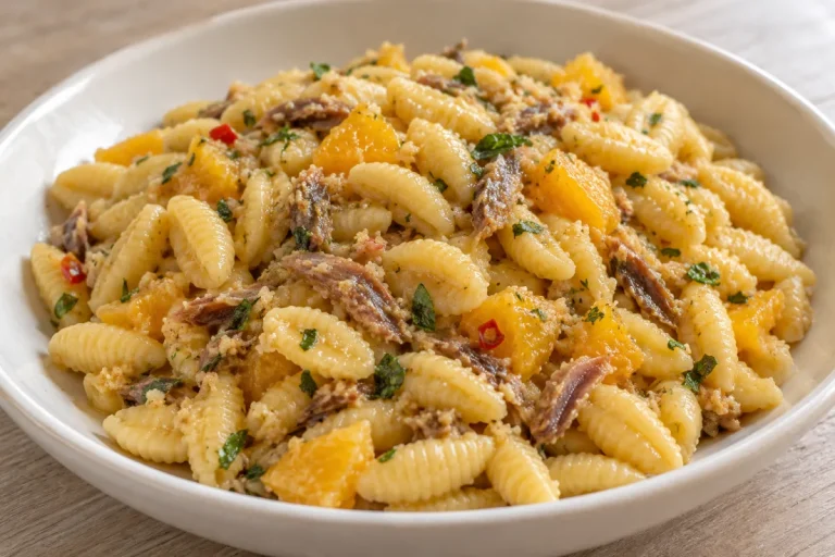 Primo di Pesce, Gnocchetti Sardi con Acciughe in Salsa d'Arancia