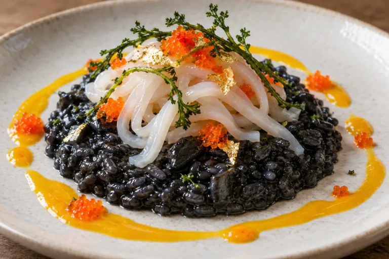 Primo Piatto di Pesce, Risotto al nero di seppia con la foglia d'oro, tagliatelle dì calamari e contrasto di mango TM31