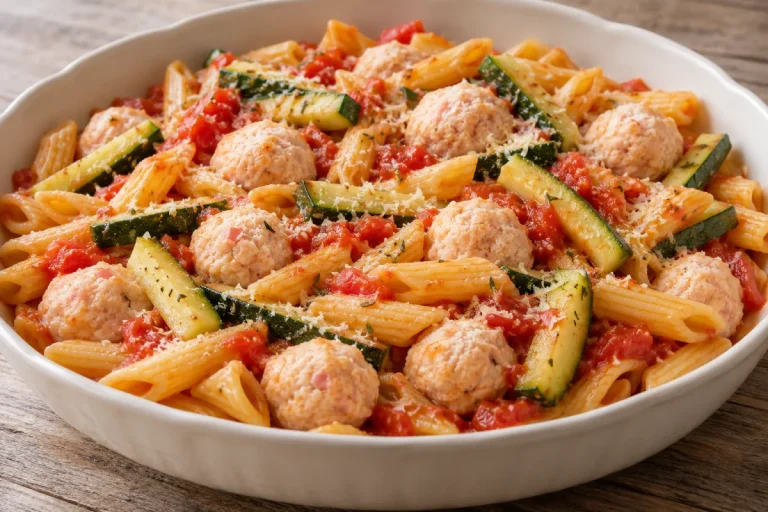 Primo Piatto, Mezze Penne con Zucchine e Polpettine