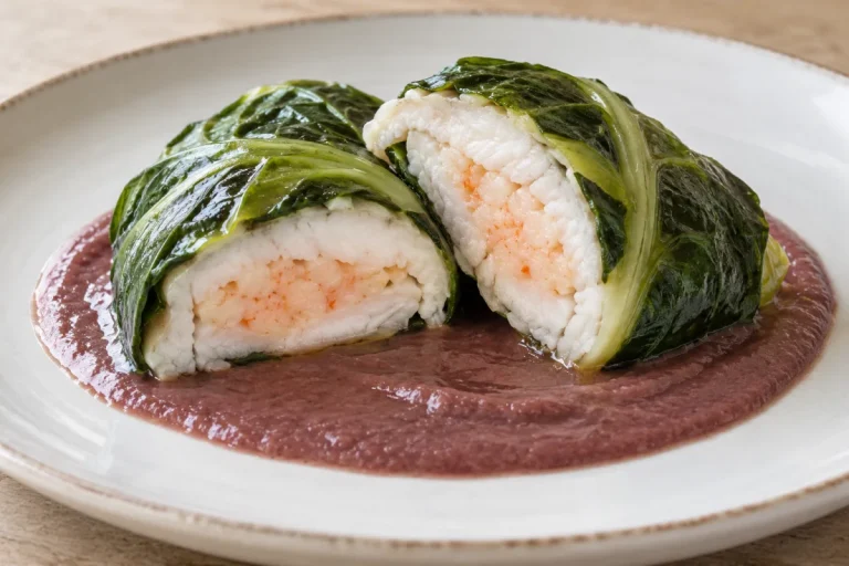 Secondi Piatti di Pesce, Strudel di branzino con gamberi in foglia di bieta costa e salsa di radicchio dì Chioggia