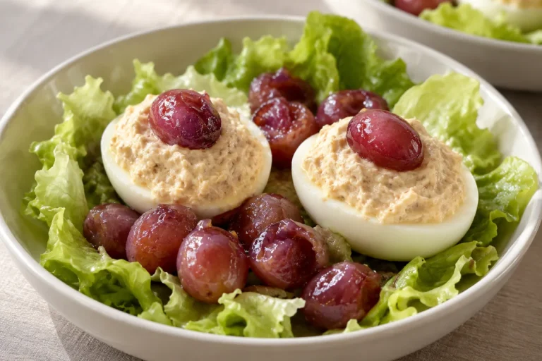Uova Ripiene con Uva Cotta sul Letto di Lattuga